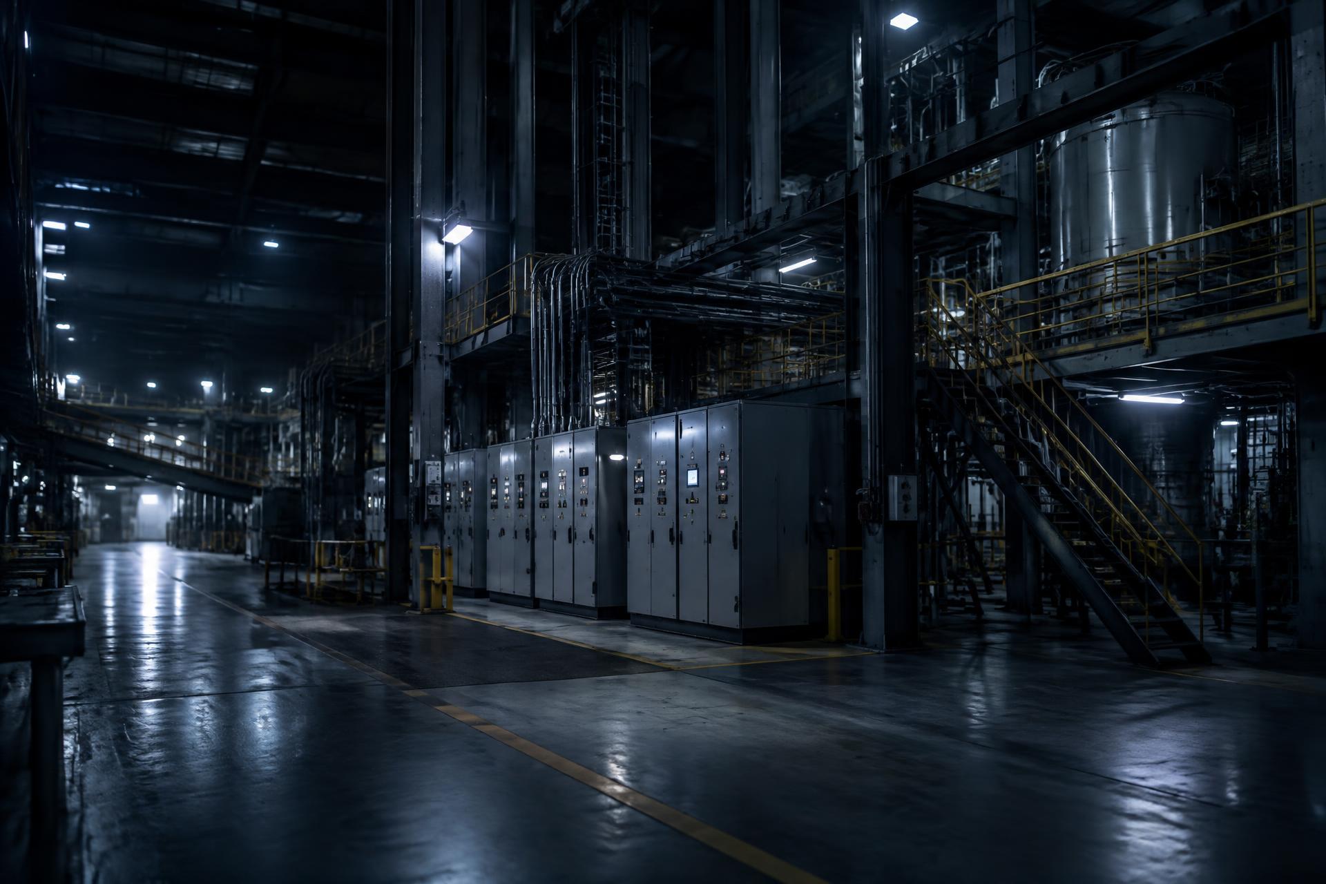Industrial plant interior with electrical control cabinets along a production aisle