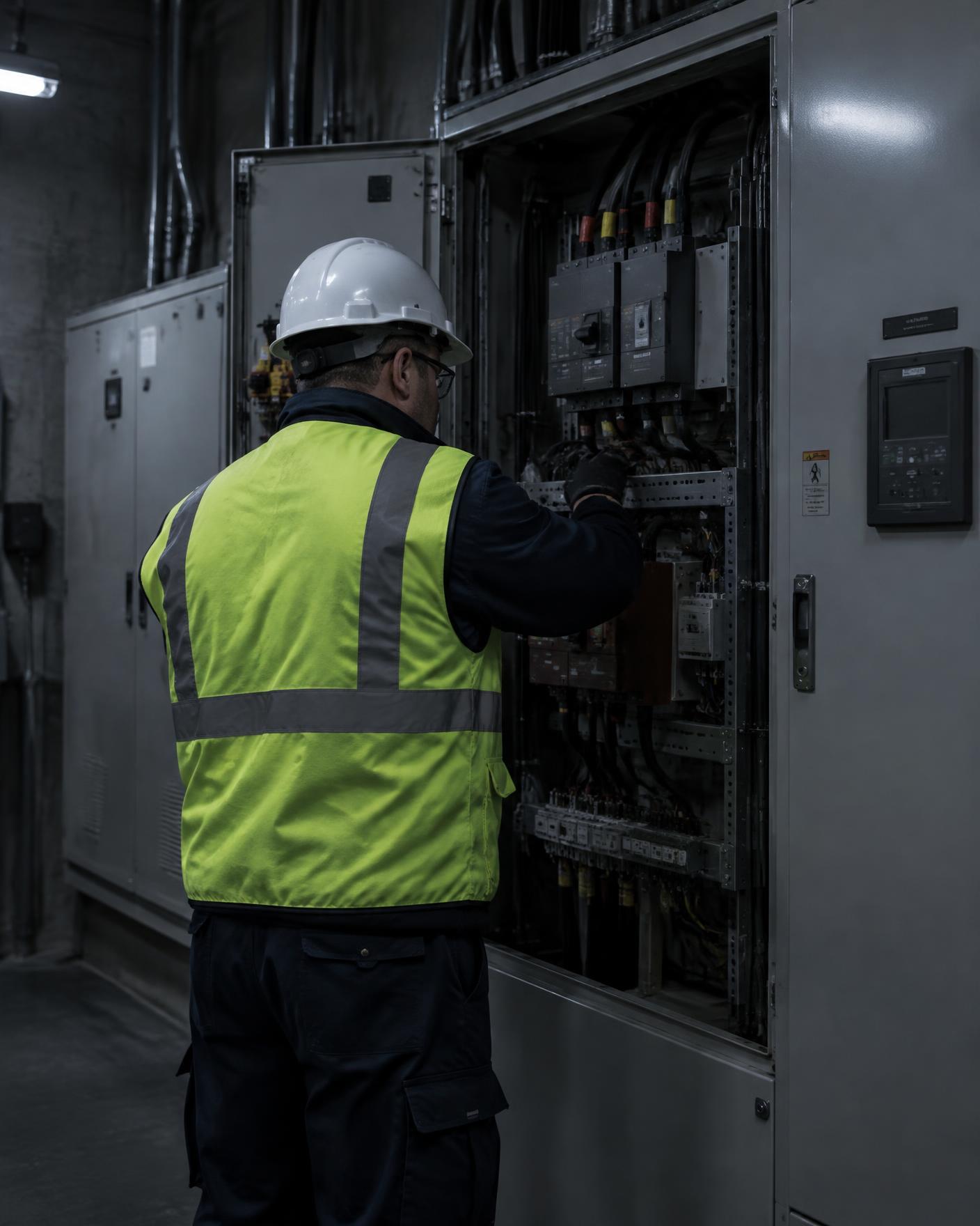 Technician in a hard hat and high visibility vest working inside an industrial electrical distribution panel